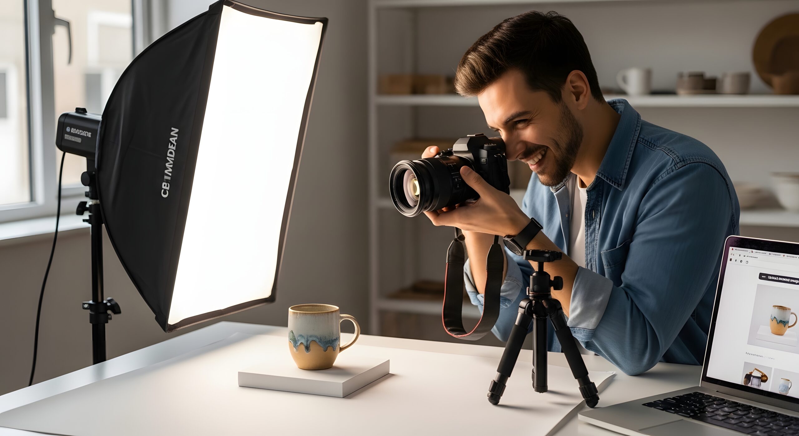 Fotógrafo usando cámara digital profesional y portátil