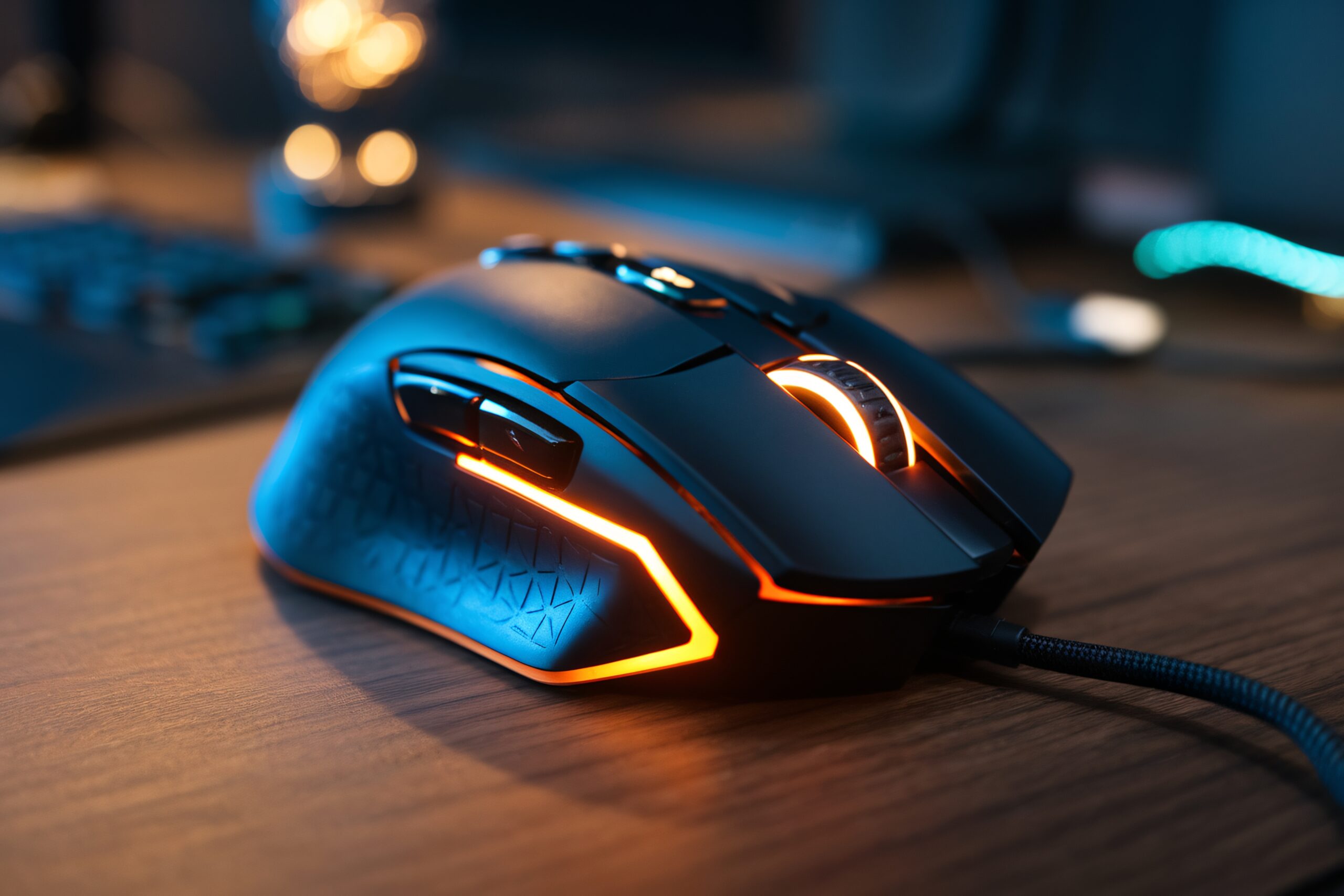close up of a sleek gaming mouse with vibrant led lighting on a wooden desk.