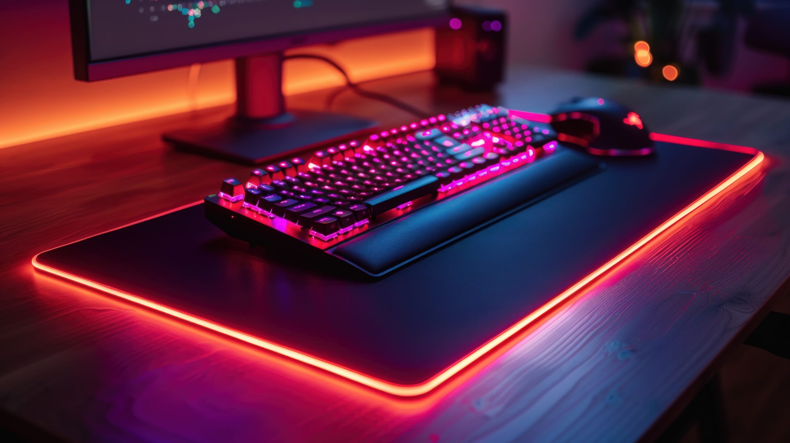 computer keyboard and mouse on illuminated pad electronic devices desktop setup