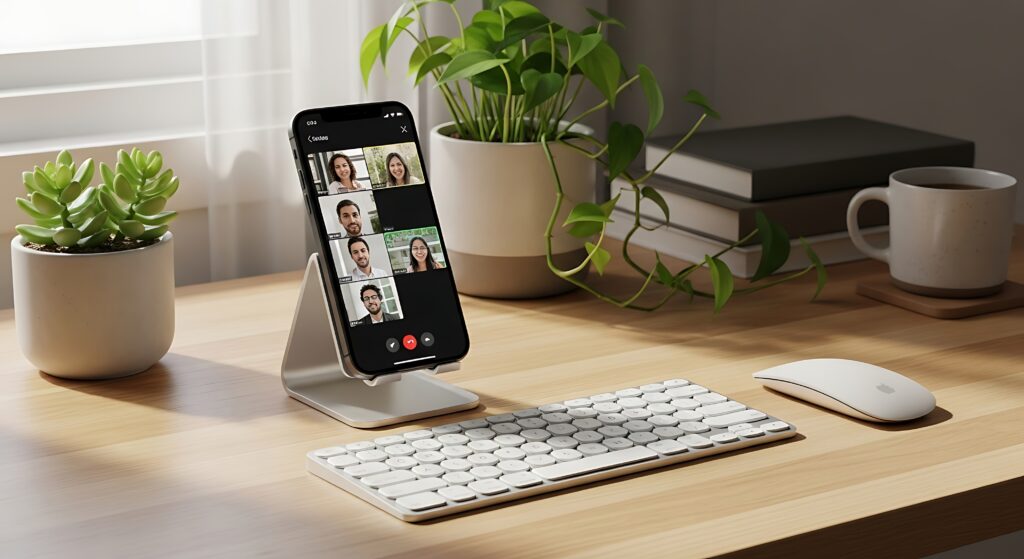 vecteezy conference call on iphone with wireless keyboard on wood desk 71458963