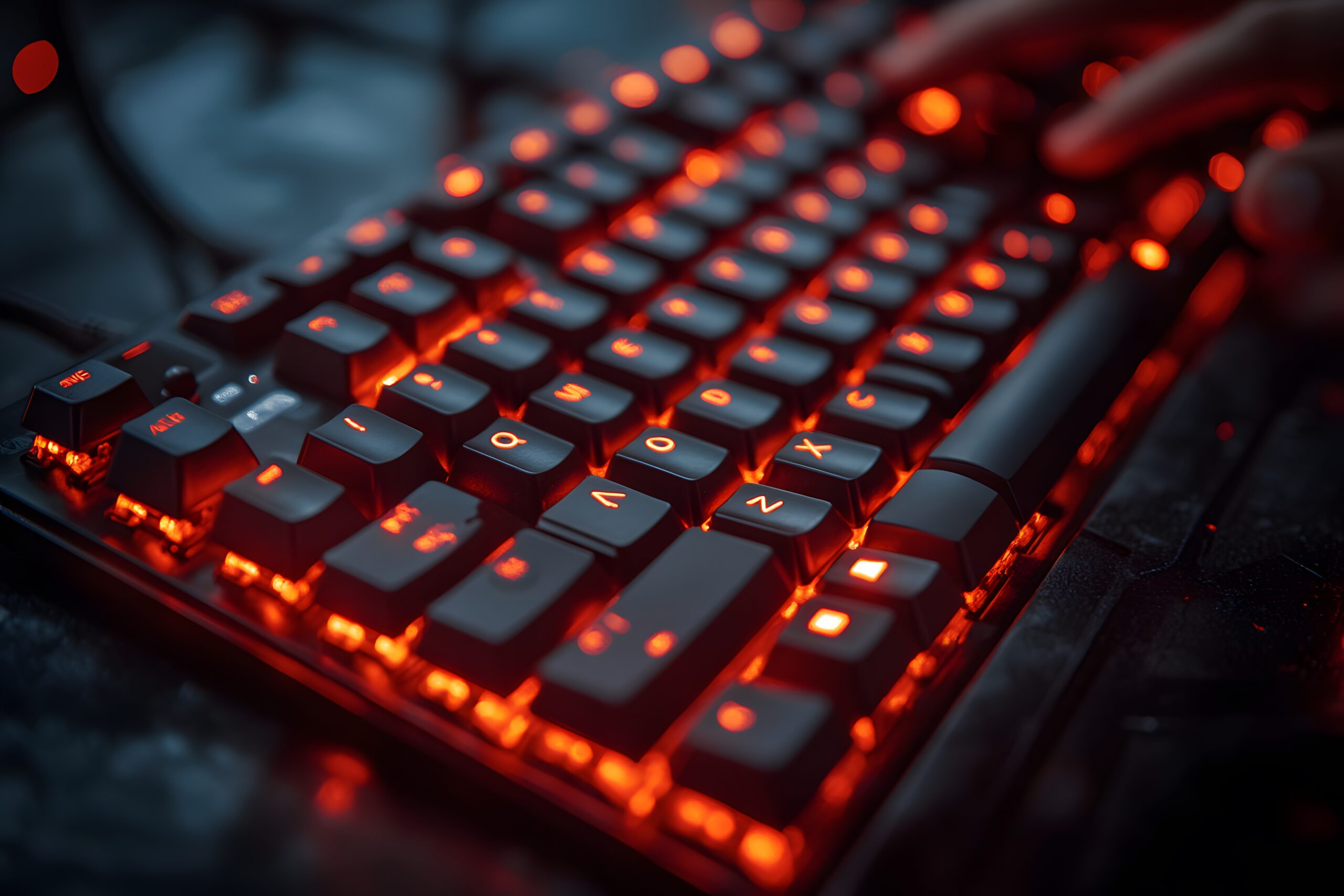 modern gamepad and gaming mouse lies with keyboard and headphones on table in dark playroom scene. lets play video games together with friends concept