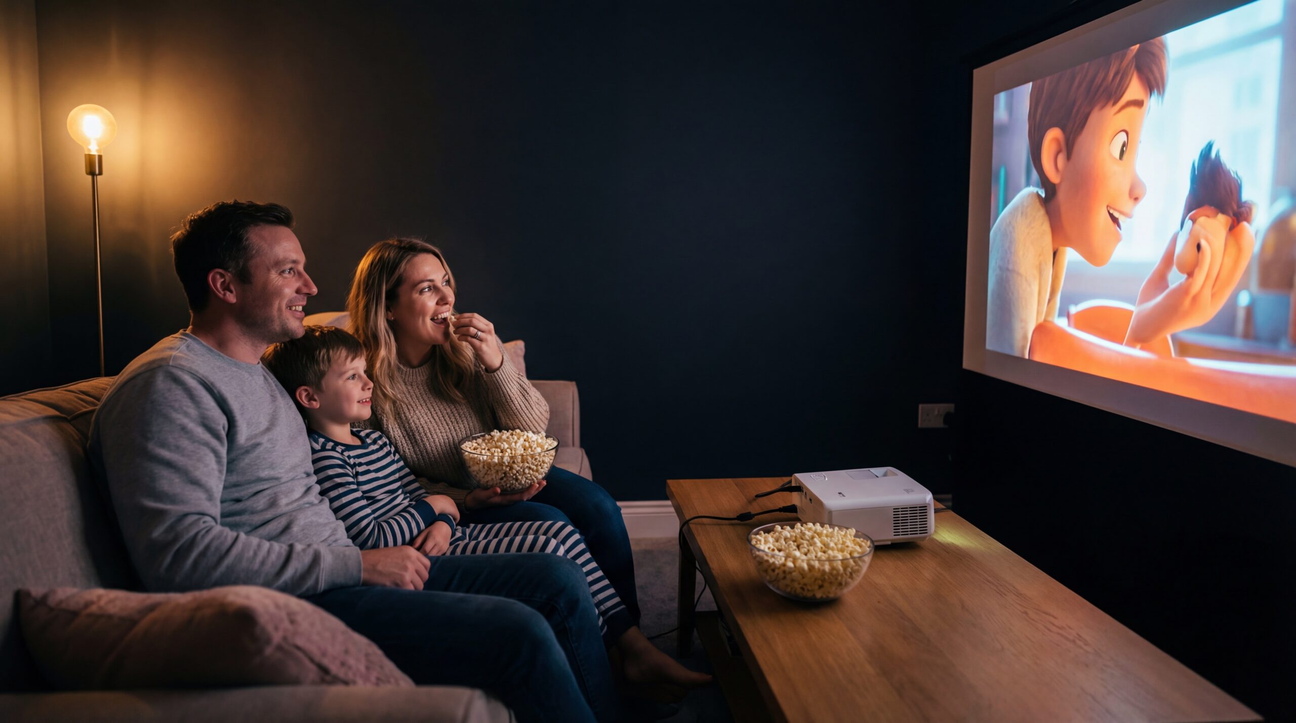 Familia feliz viendo proyección en salón de casa