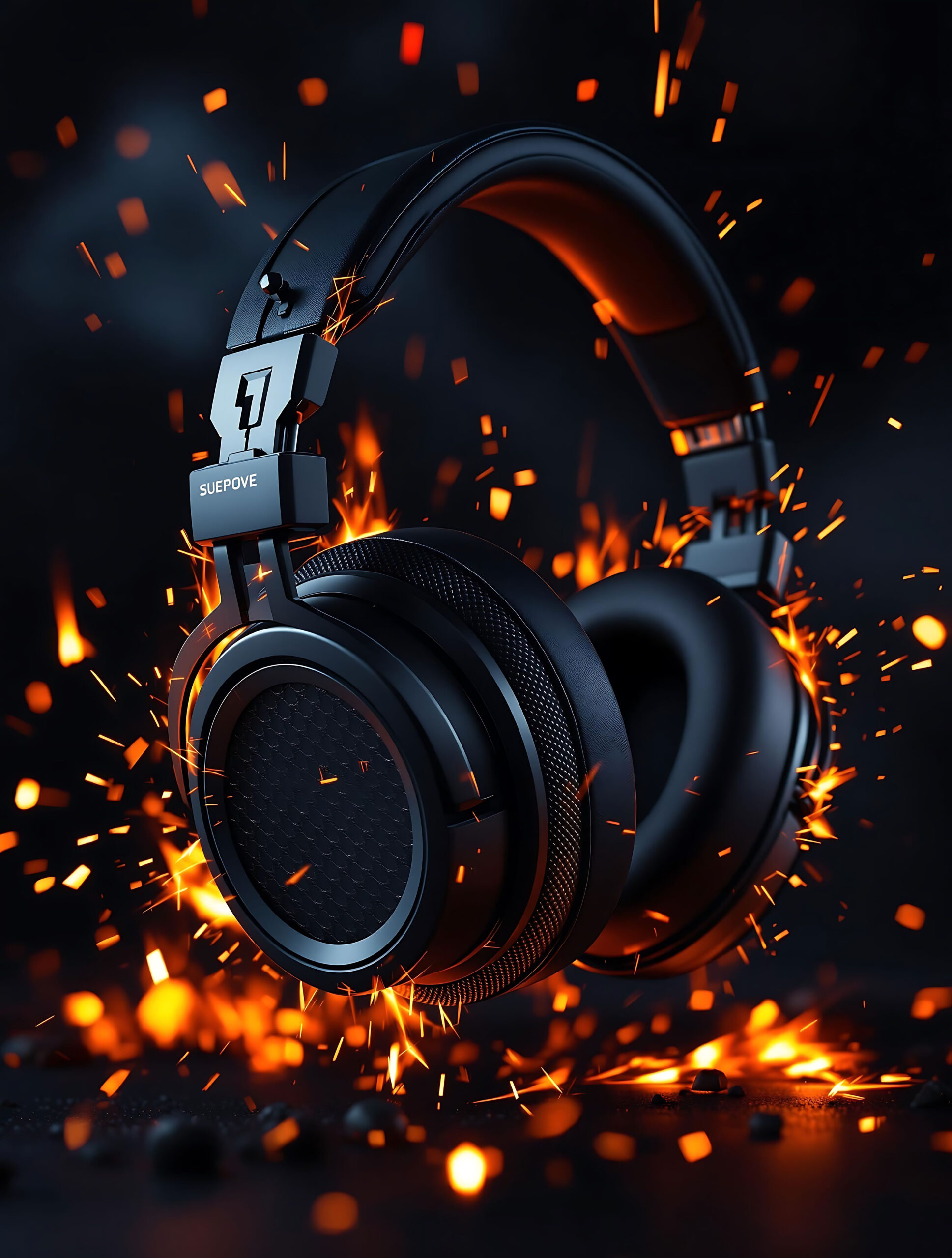 high end headphones with fire and sparks in bold product photography