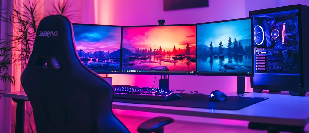 modern gaming setup featuring triple monitors and vibrant rgb lighting