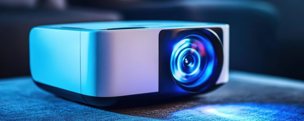 modern projector in blue light: home theater device
