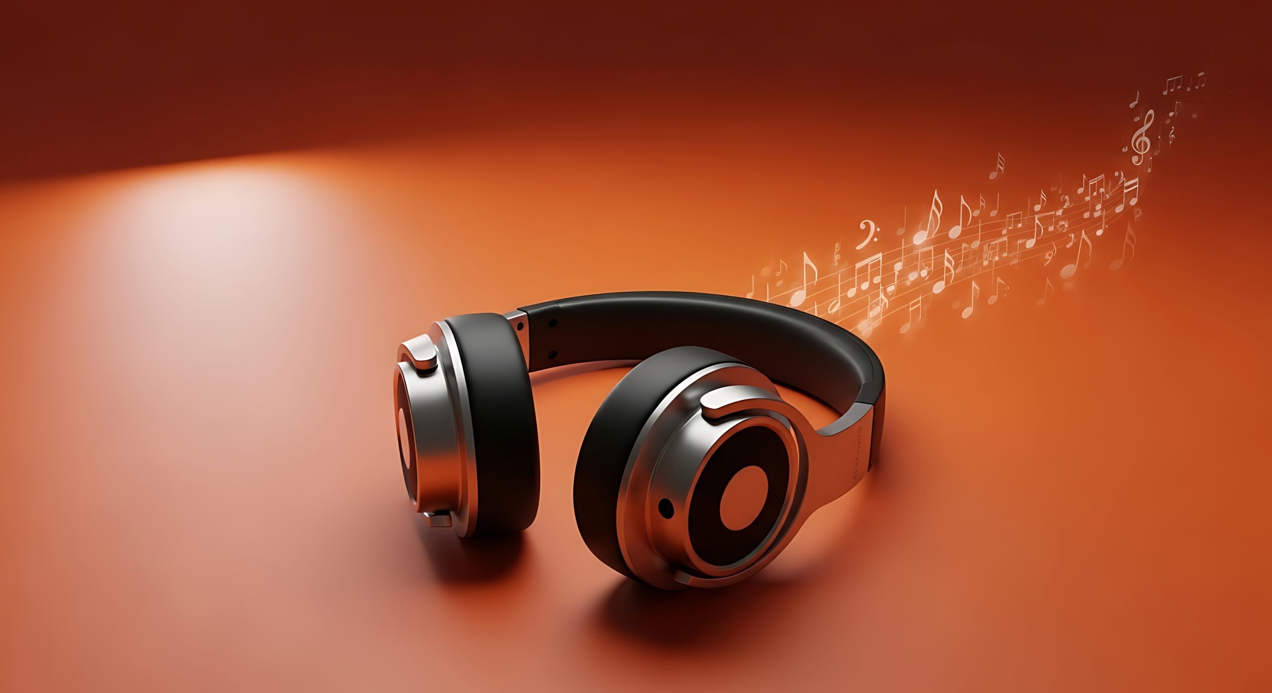 Auriculares inalámbricos modernos descansando sobre una superficie brillante con notas musicales de fondo