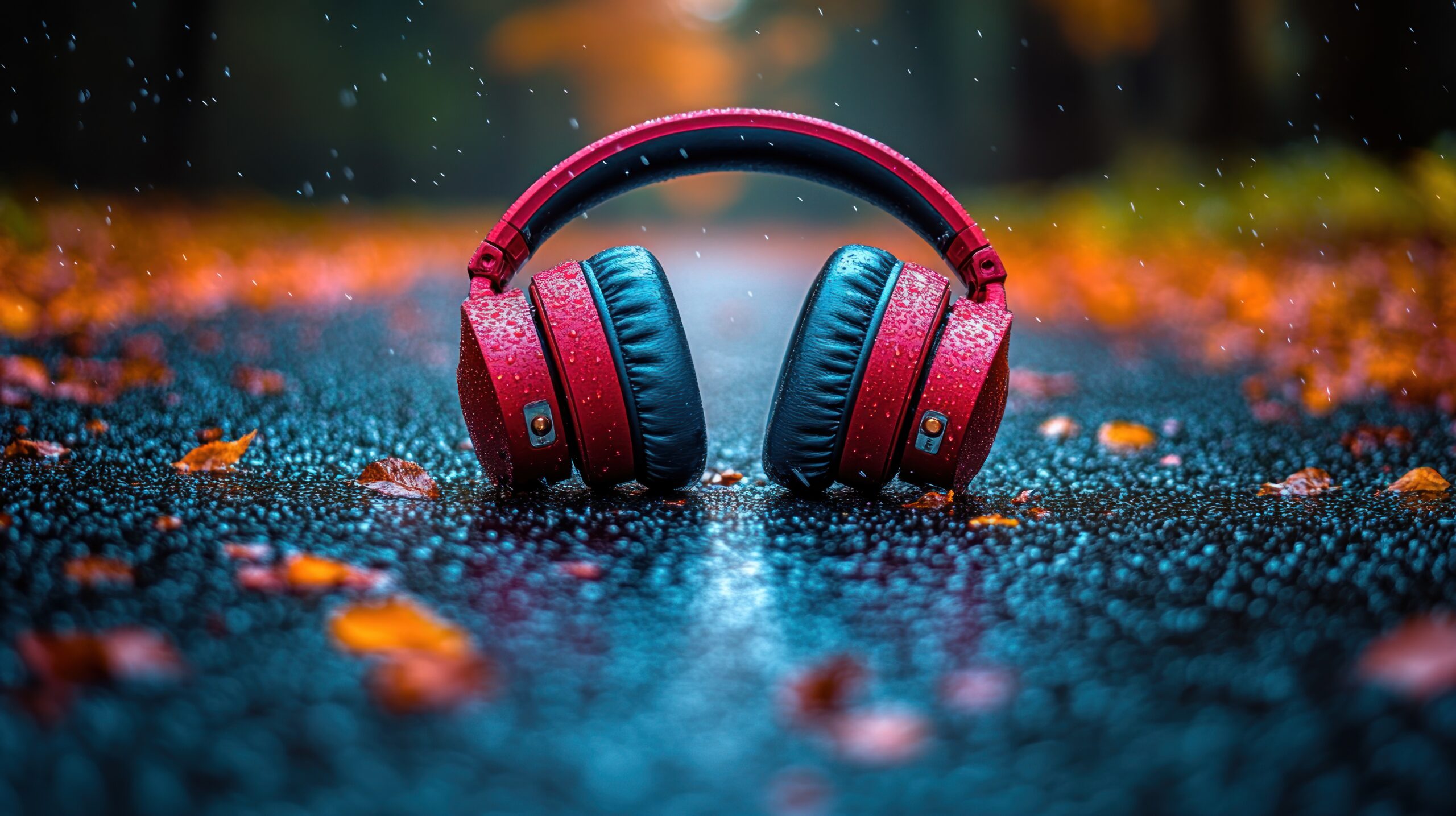 red headphones on rain soaked autumn road.
