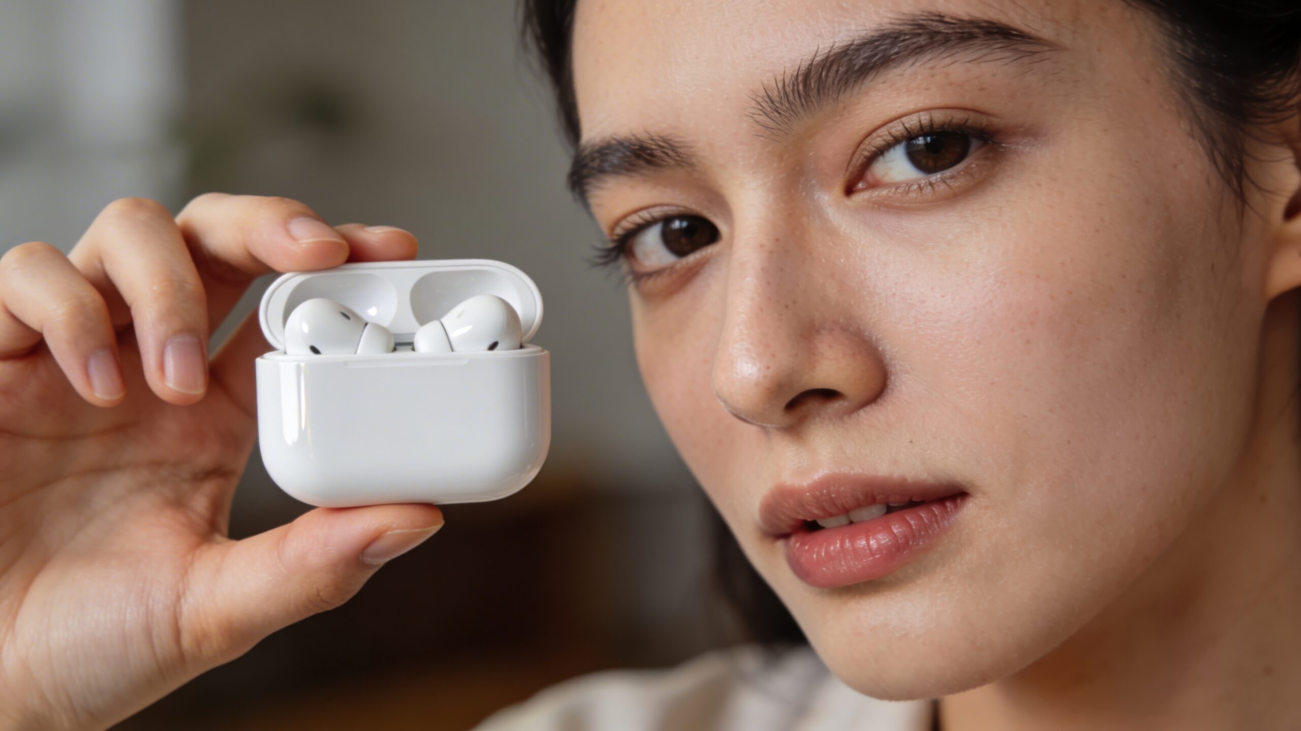 Mujer joven sosteniendo estuche de carga blanco de auriculares in-ear