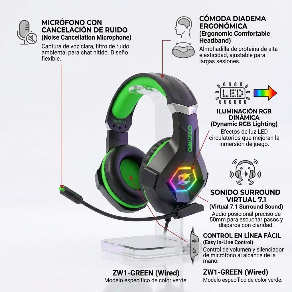 Ozeino Cascos Gaming. ZW1-GREEN - Imagen 3