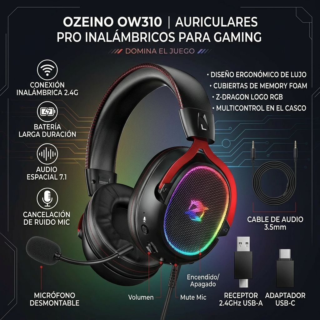 ozeino cascos gaming inalámbricos ow310