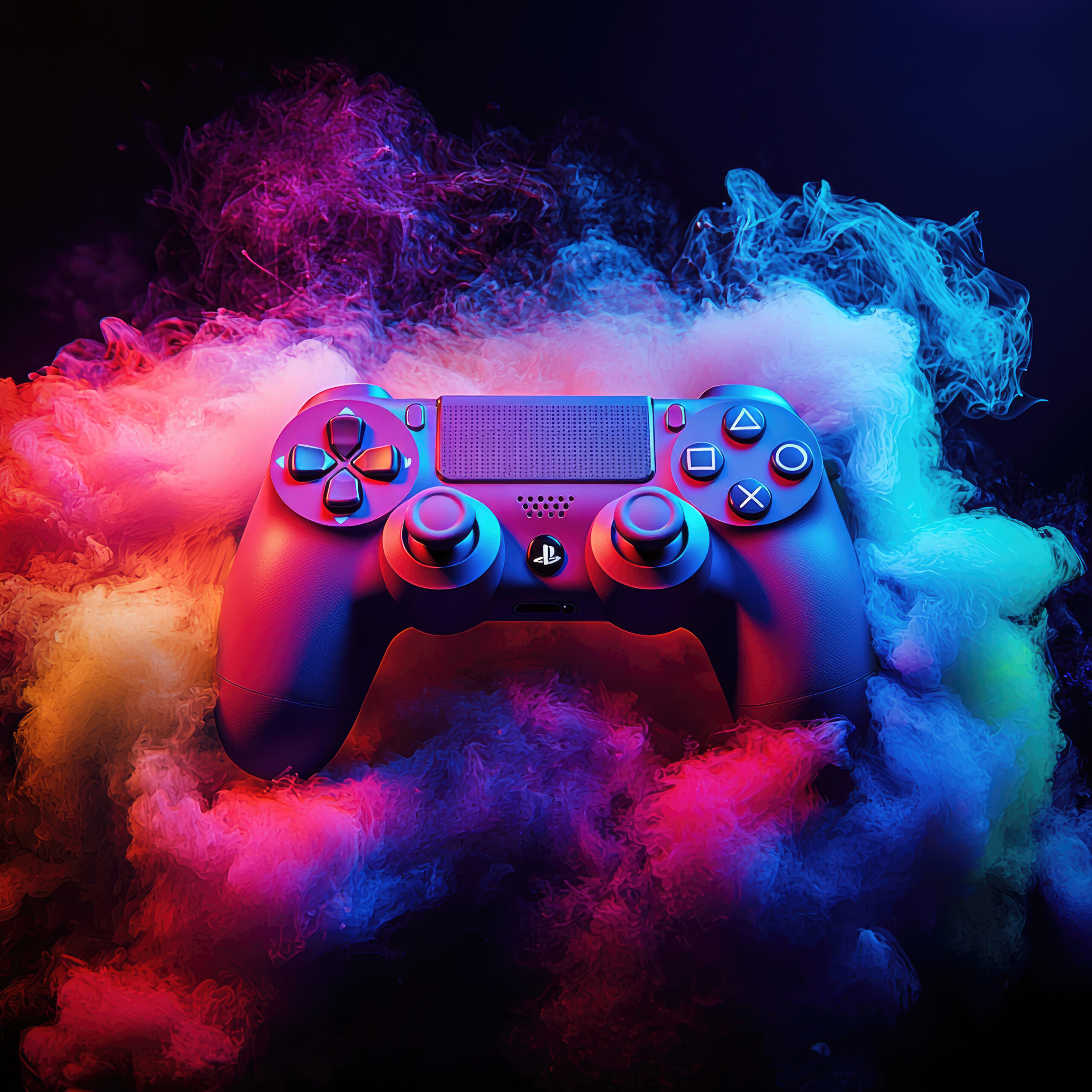 Mando gaming de última generación con humo azul y naranja